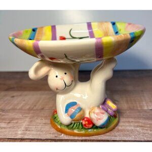 Hand-Painted Ceramic Bunny Candy Dish With Colorful Striped Bowl & Floral Detail